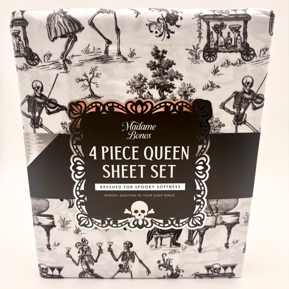 Madame Bones Queen Sheet Set 4pc Skeleton Toile Black White Spooky Halloween NEW